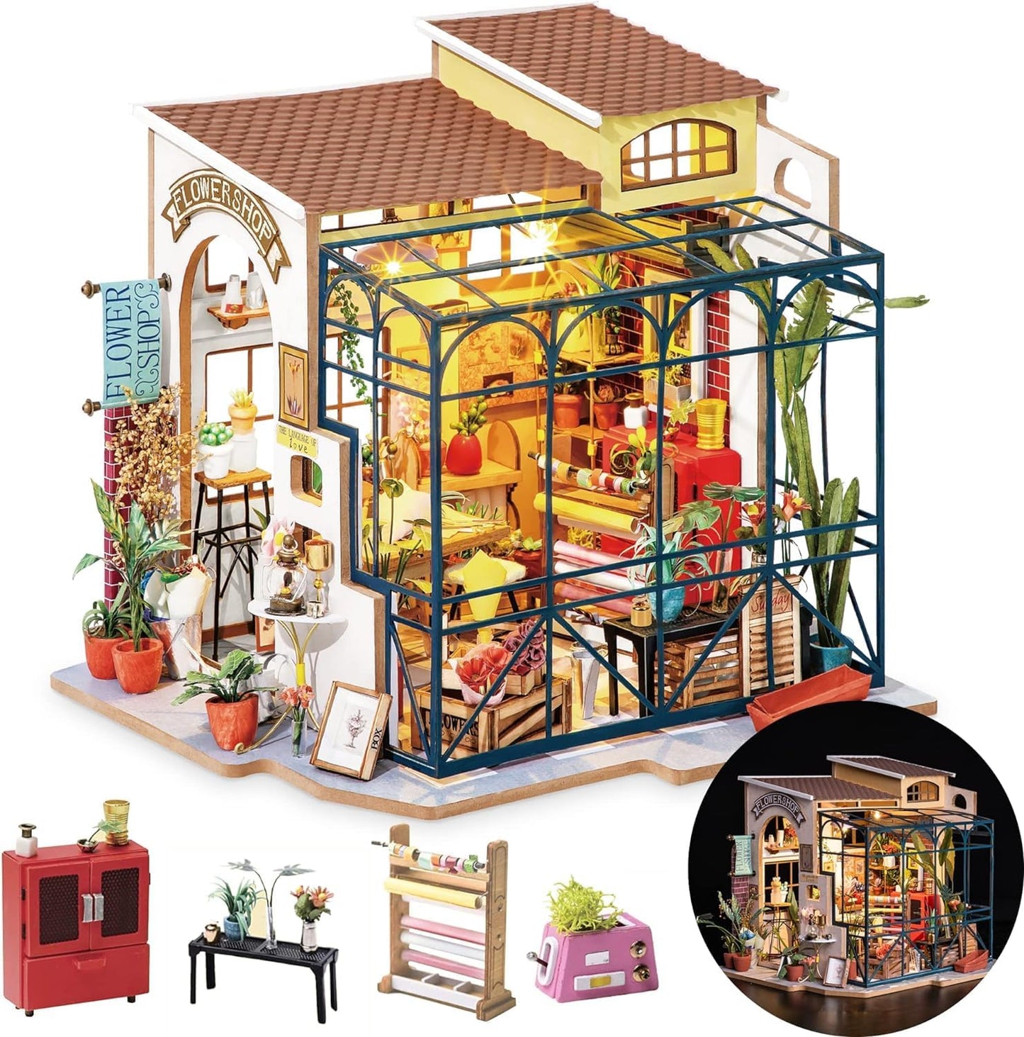 DIY Miniatures Dollhouse Kit, Miniature Greenhouse DIY Craft Kits for Adult to Build Tiny House Model with Lights and Removable Model Plants, Birthday Gift for Friends (Casey'S Greenhouse)