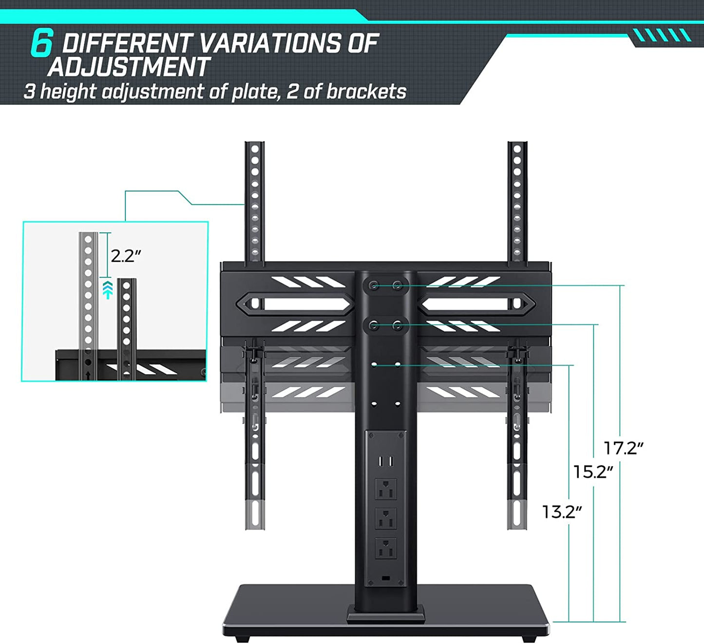 TV Stand with Power Outlet, 88 lbs Adjustable Mount for 27-60 Inch TVs, Swivel Table Top with Tempered Glass Base, , VESA 400x400mm, Black