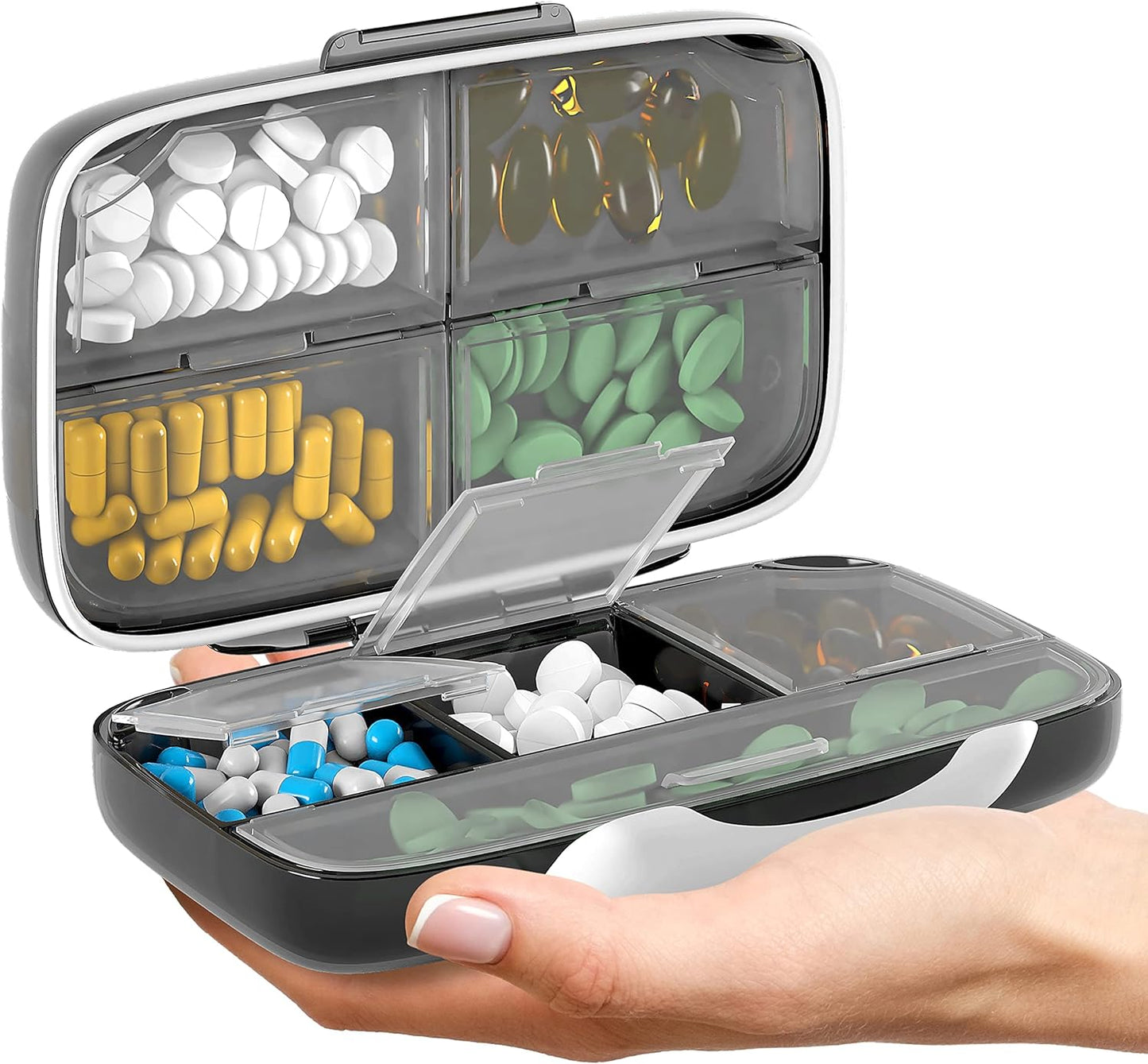 Airtight Travel Pill Organizer - Portable Medication Case with Labels and 8 Compartments - Large Capacity - Black