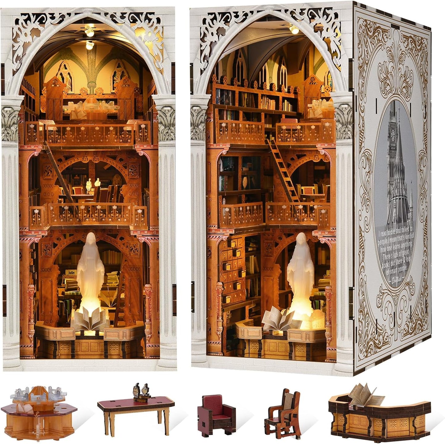 Book Nook Kit, DIY Miniature Dollhouse Booknook Kit, 3D Wooden Puzzle Bookend Bookshelf Insert Decor with LED Light for Teens and Adults (Beyond Library)