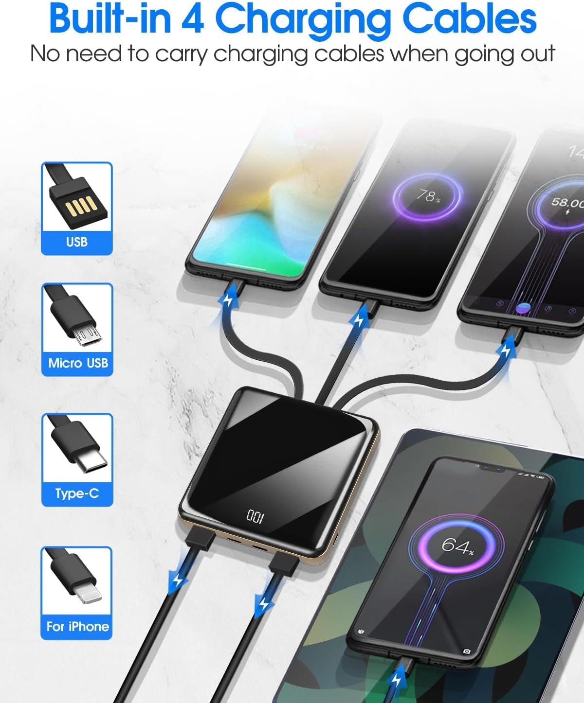 10000mAh Slim Portable Charger with Integrated Cables and LED Display - Versatile External Battery Pack with 4 Inputs and 5 Outputs