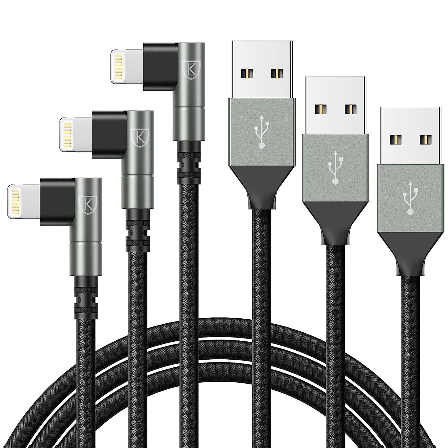 10-Foot iPhone Charger - 3-Pack Apple MFi Certified Nylon Braided Lightning Cable - 90-Degree Connector, Compatible with iPhone, iPad, iPod
