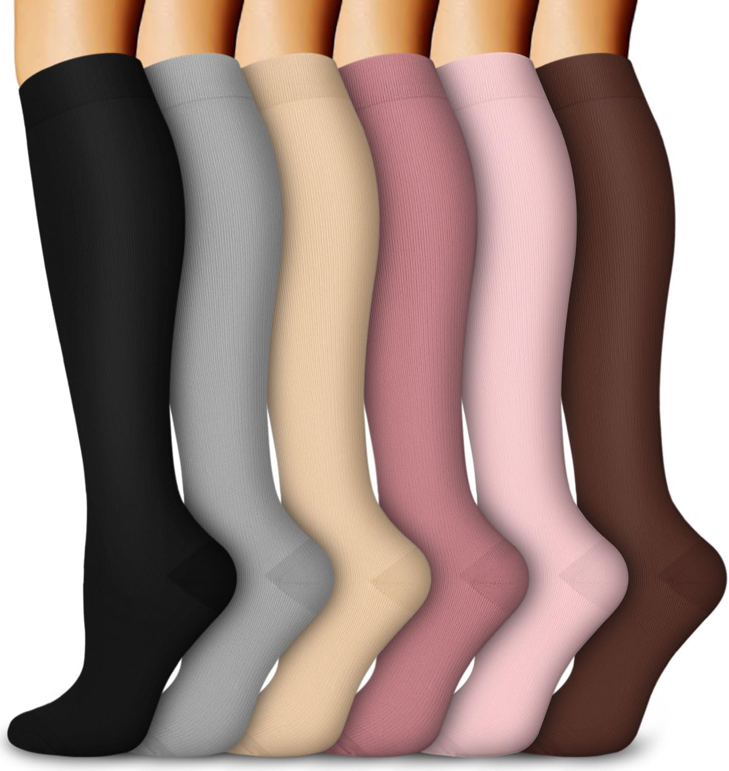 6 Pairs of Compression Socks for Men and Women, 15-20 mmHg Support Stockings for Swelling Relief, Running, Hiking, Travel, and Nursing