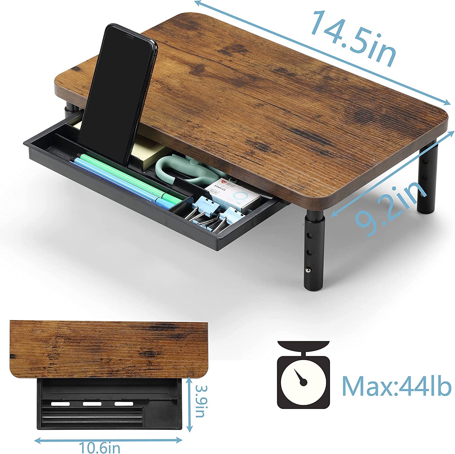 Height Adjustable Monitor Stand with Storage Drawer - Ergonomic Wood Desk Organizer for Office and Home