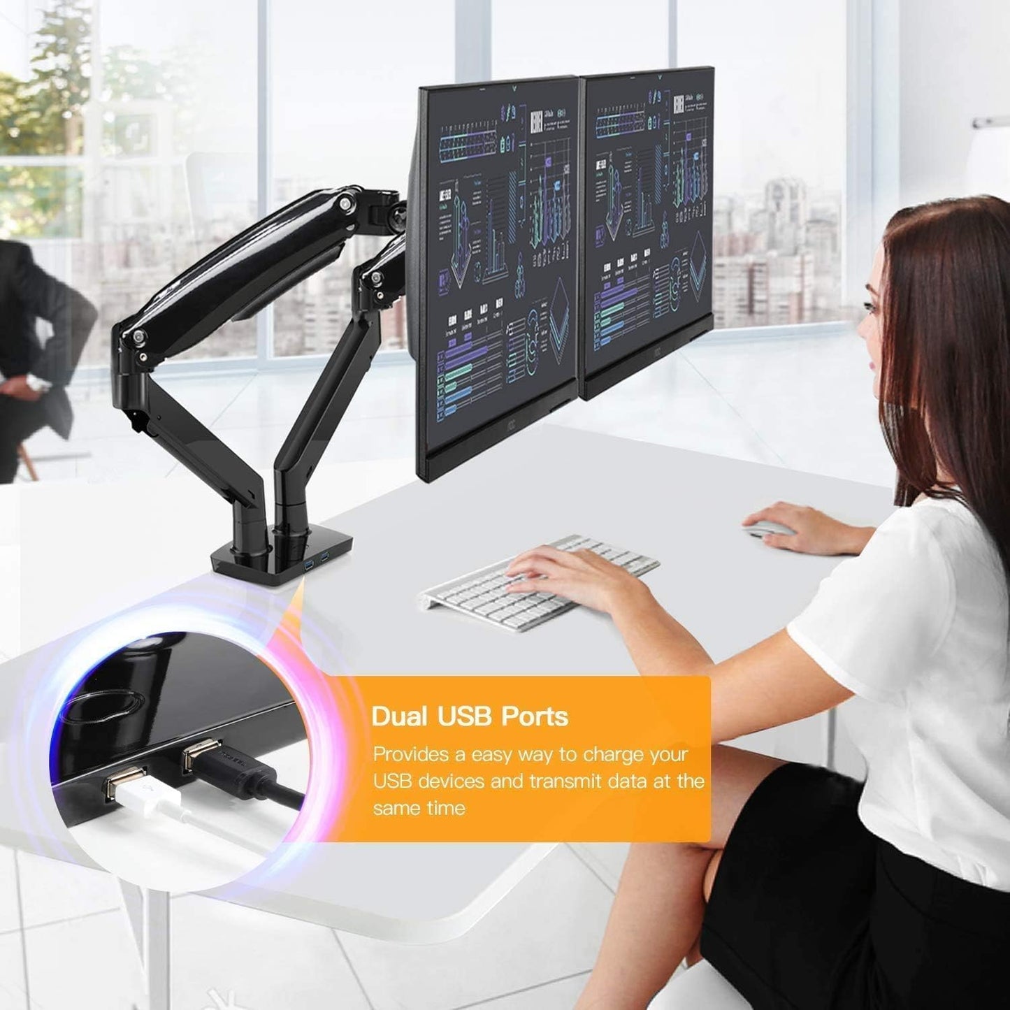 Dual Monitor Arm for 13 to 35 Inch, Height Adjustable Monitor Desk Mount - 2 Computer Screens, Gas Spring Dual Monitor Stand, Clamp/Grommet Base, Each Monitor Arm Hold up to 26.4 Lbs