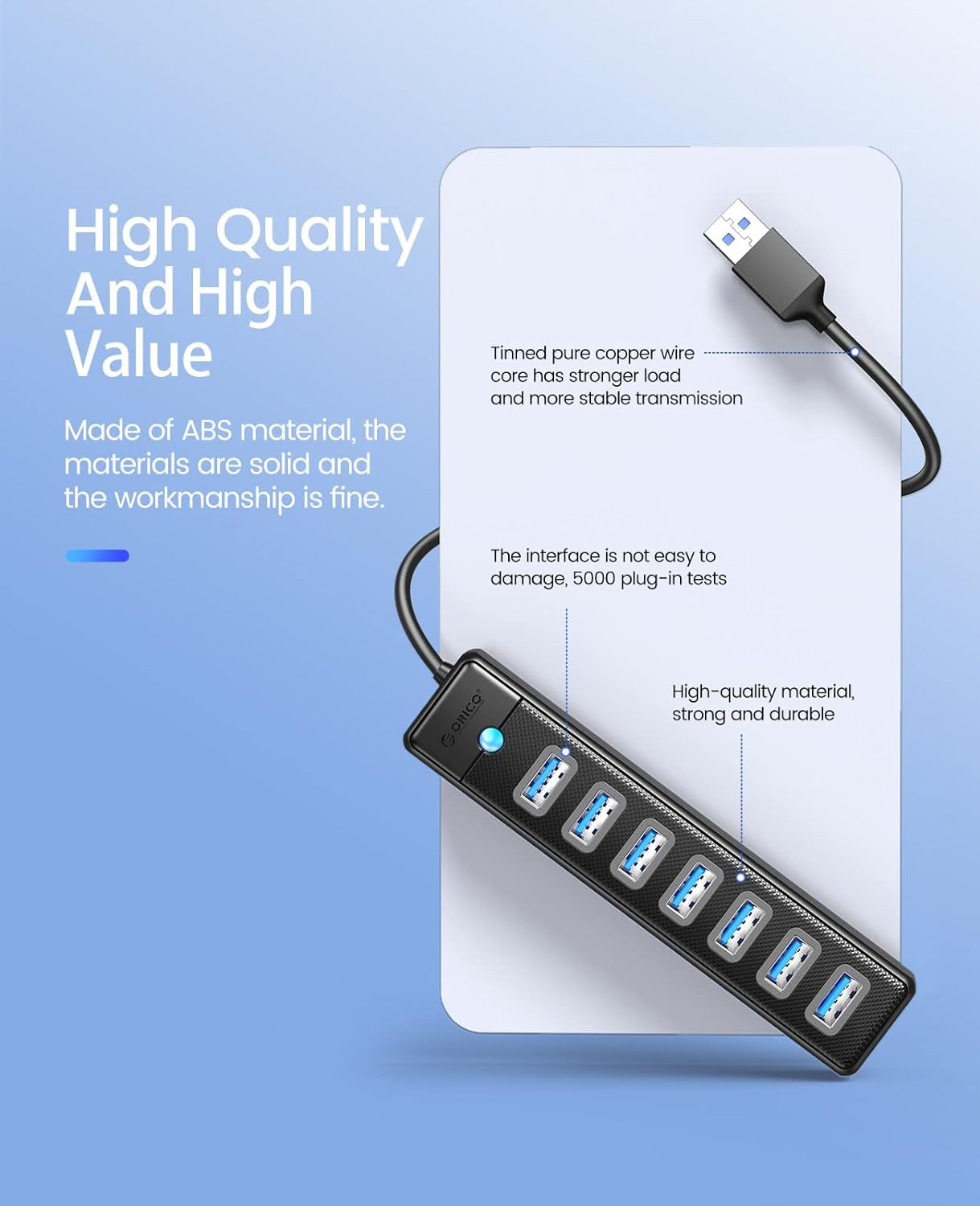 7-Port USB 3.0 Hub with 3.28Ft Extension Cable, 5Gbps High-Speed Data Transfer USB Splitter for Laptops, PCs, Flash Drives, Printers, Mobile HDDs