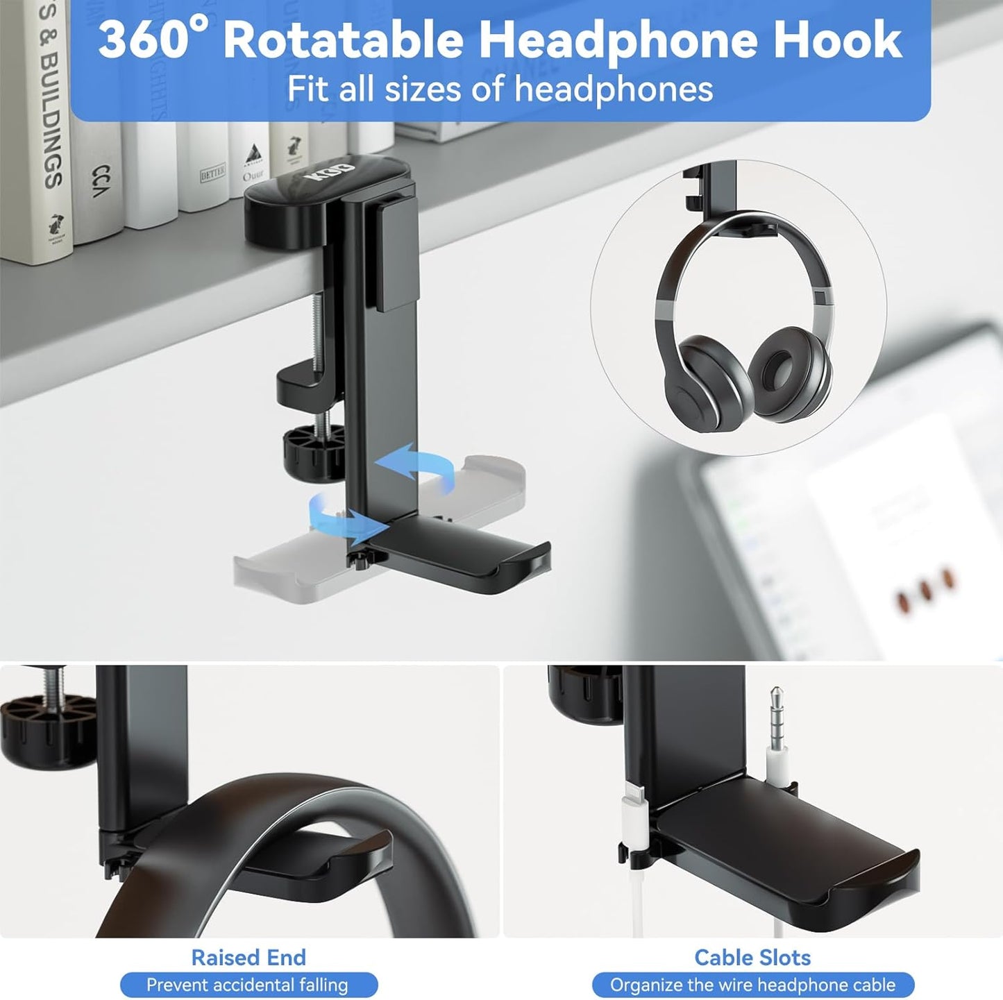 5-in-1 Desk Organizer with Rotating Headphone Hanger and Cup Holder - Clamp-On Storage Solution for Controllers, Headphones, Cups, Mobile Phones, and Pens (Black)