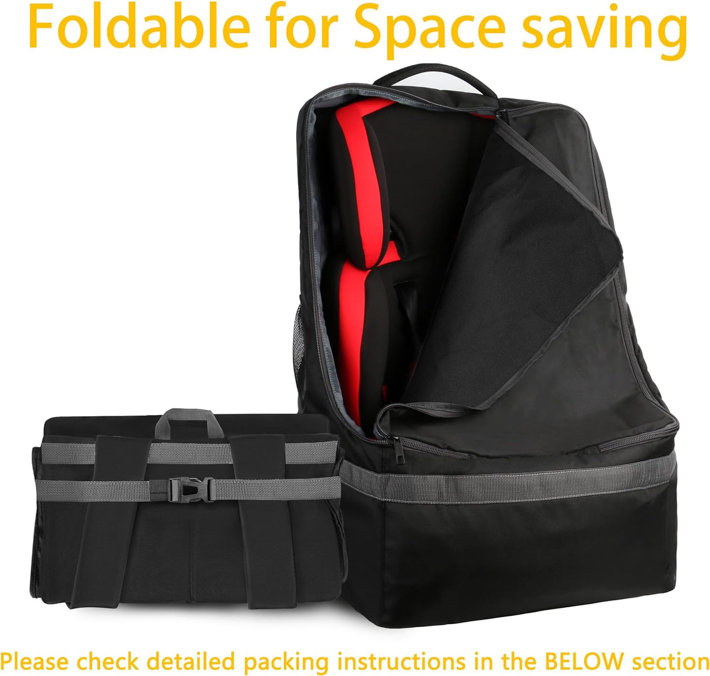 Padded Car Seat Travel Bag with Shoulder Strap - Large Carrier for Airport Gate Check and Infant Seats - Black