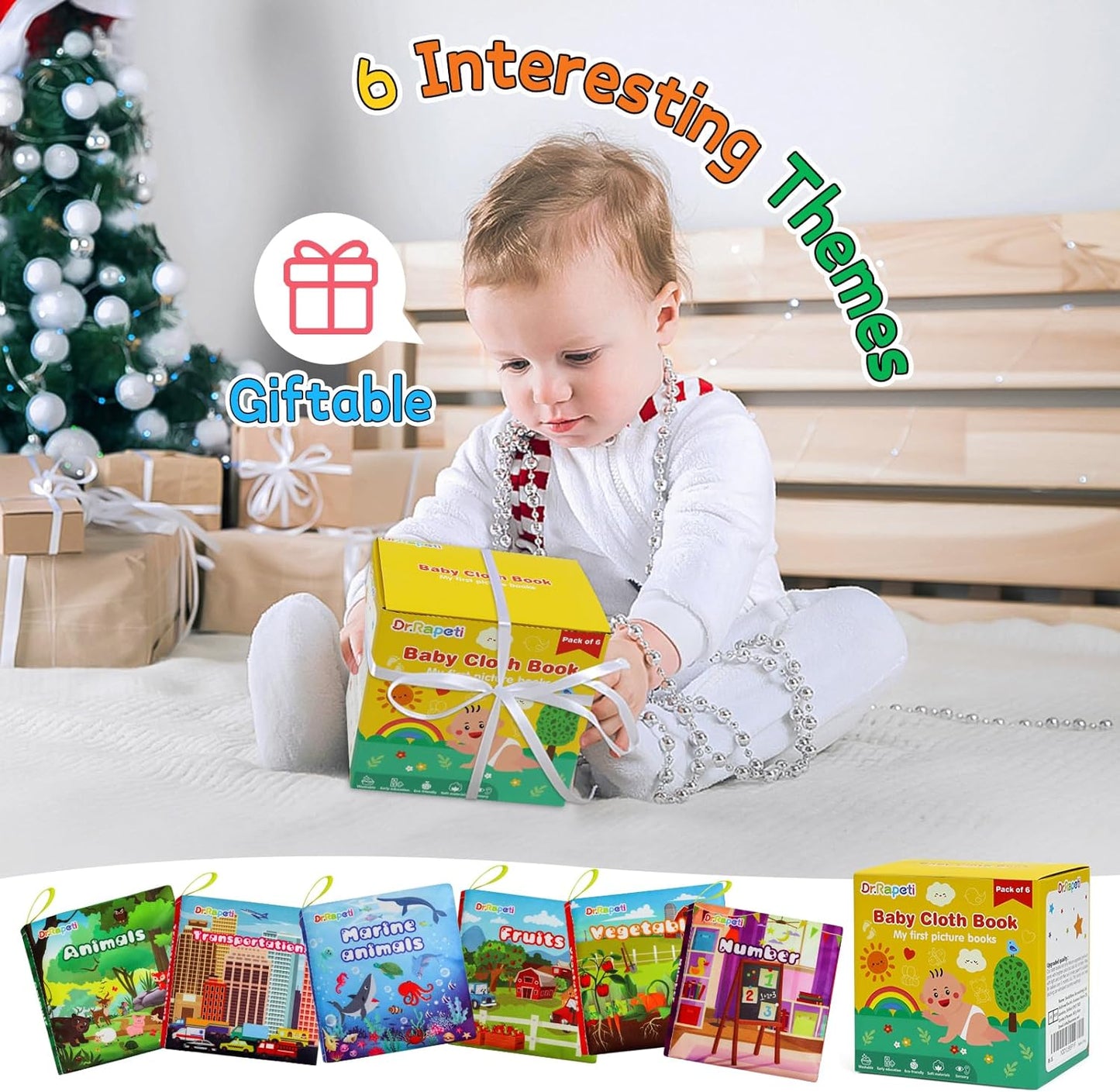 Soft Cloth Baby Books - 6-Pack Washable, Non-Toxic, Crinkle & Squeaky Educational Activity for Infants,Toddlers