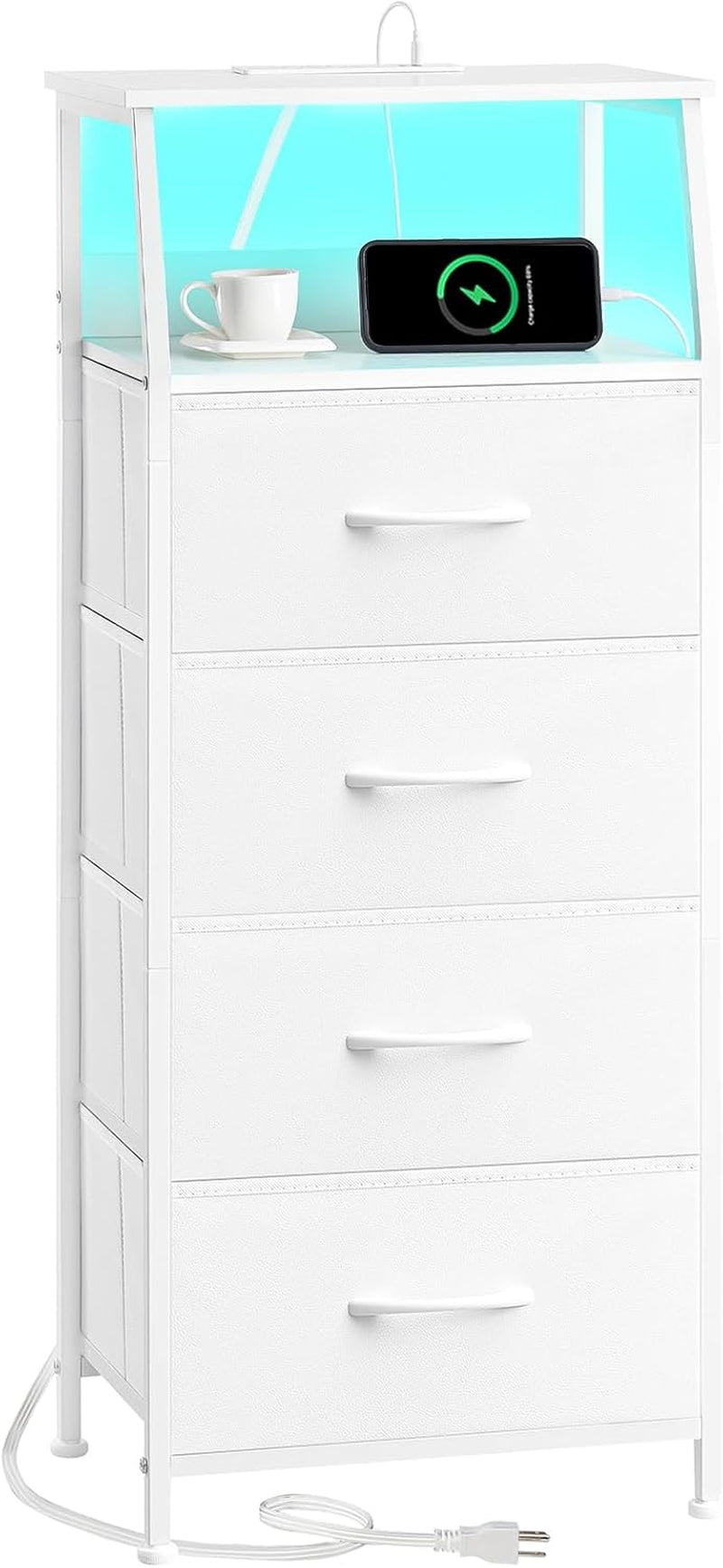 Nightstand Charging Station - LED Light Tall 4 Drawers Dresser - Fabric Bin, White Leather