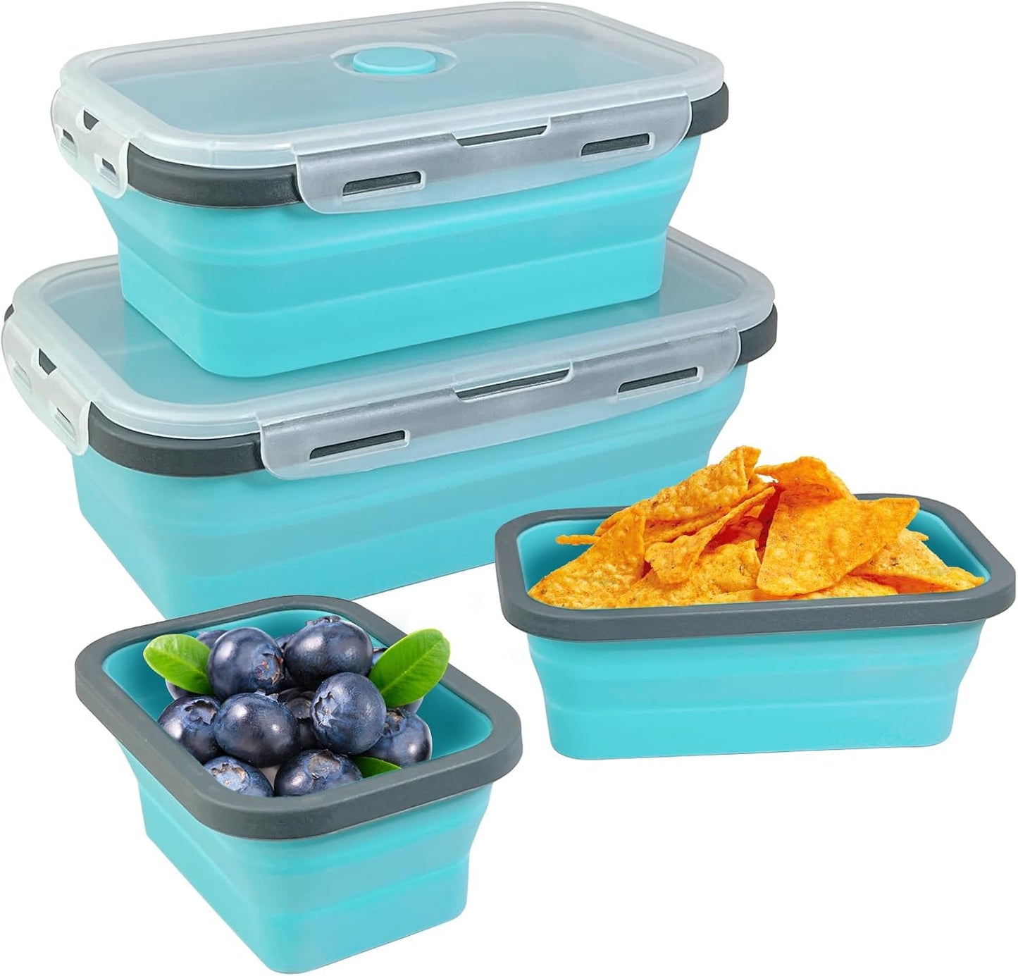 4-Piece Set of Collapsible Leakproof Silicone Food Storage Containers with Lids - Microwave and Dishwasher Safe