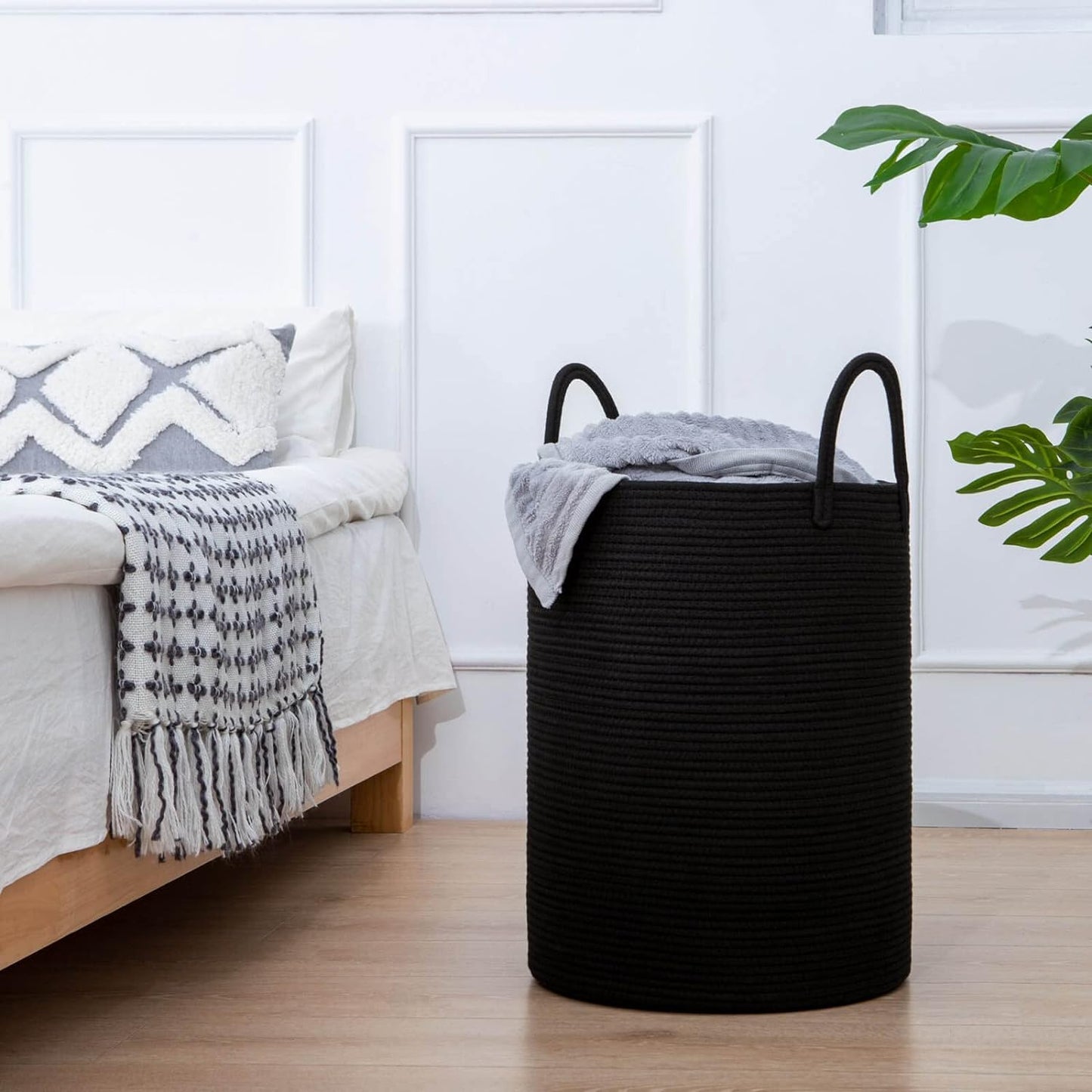 Large Woven Laundry Basket - Tall Rope Hamper for Clothes, Toys, Towels, and Blankets - Black, 15 x 20 Inches