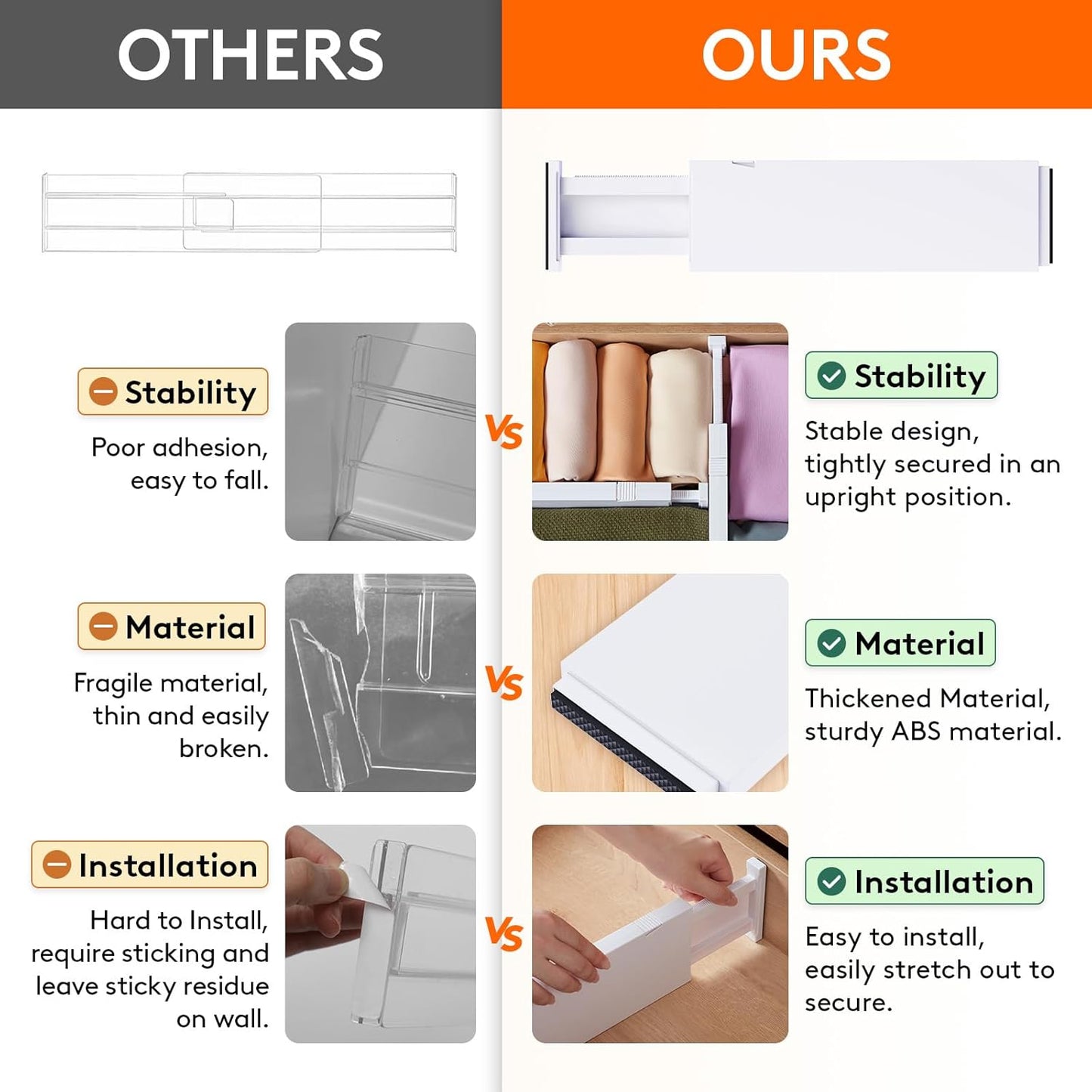 8-Pack Adjustable Plastic Drawer Dividers, 4" High, 11-17" for Closet and Vanity Organization