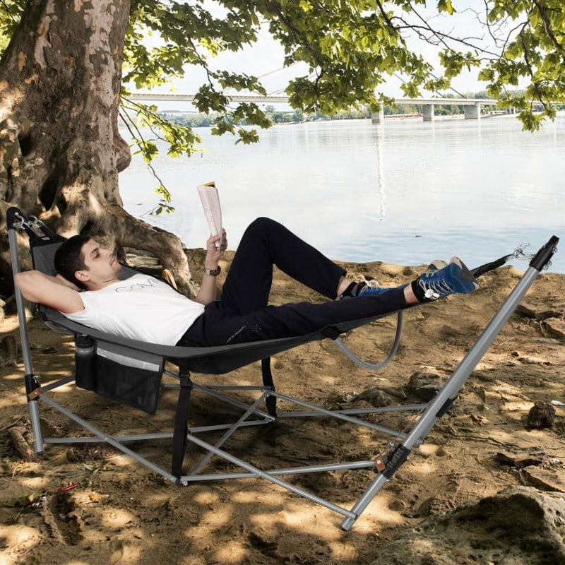 Folding Indoor-Outdoor Hammock with Side Pocket and Iron Stand