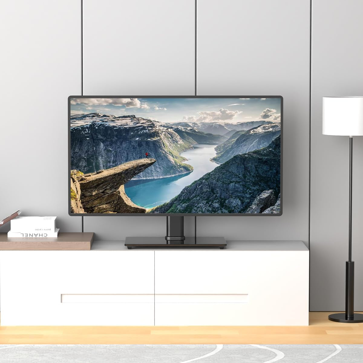 Universal Height Adjustable Swivel TV Stand for 26-55 Inch TV Screens, Glass Base, Supports Up to 99 lbs, Max VESA 400x400 mm