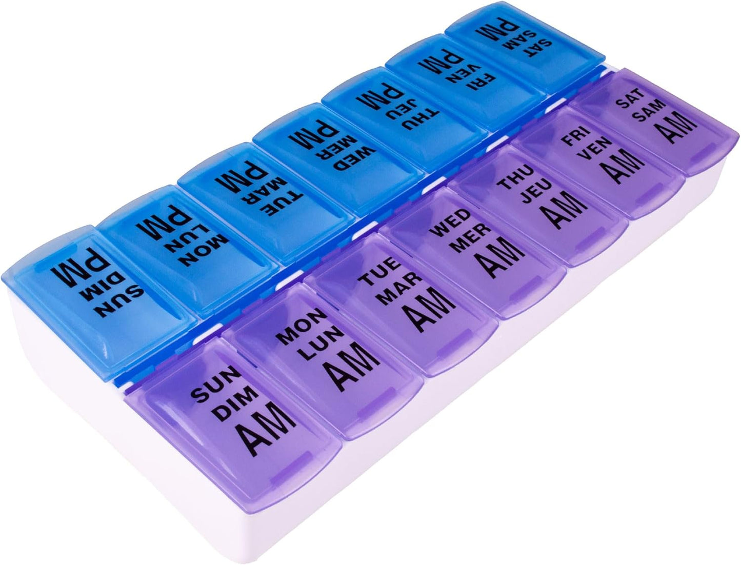 Twice-Daily Color-Coded Weekly Pill Organizer with Easy-Open See-Through Lids for AM/PM Medication and Vitamin Management, Berry/Blue