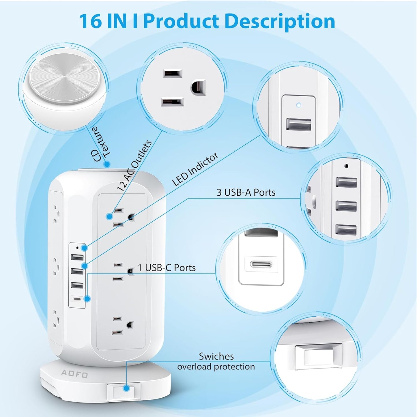 12-Outlet Tower Power Strip with 4 USB Charging Ports, Surge Protection, and 10ft Extension Cord – Ideal for Home, Dorm, and Office Use