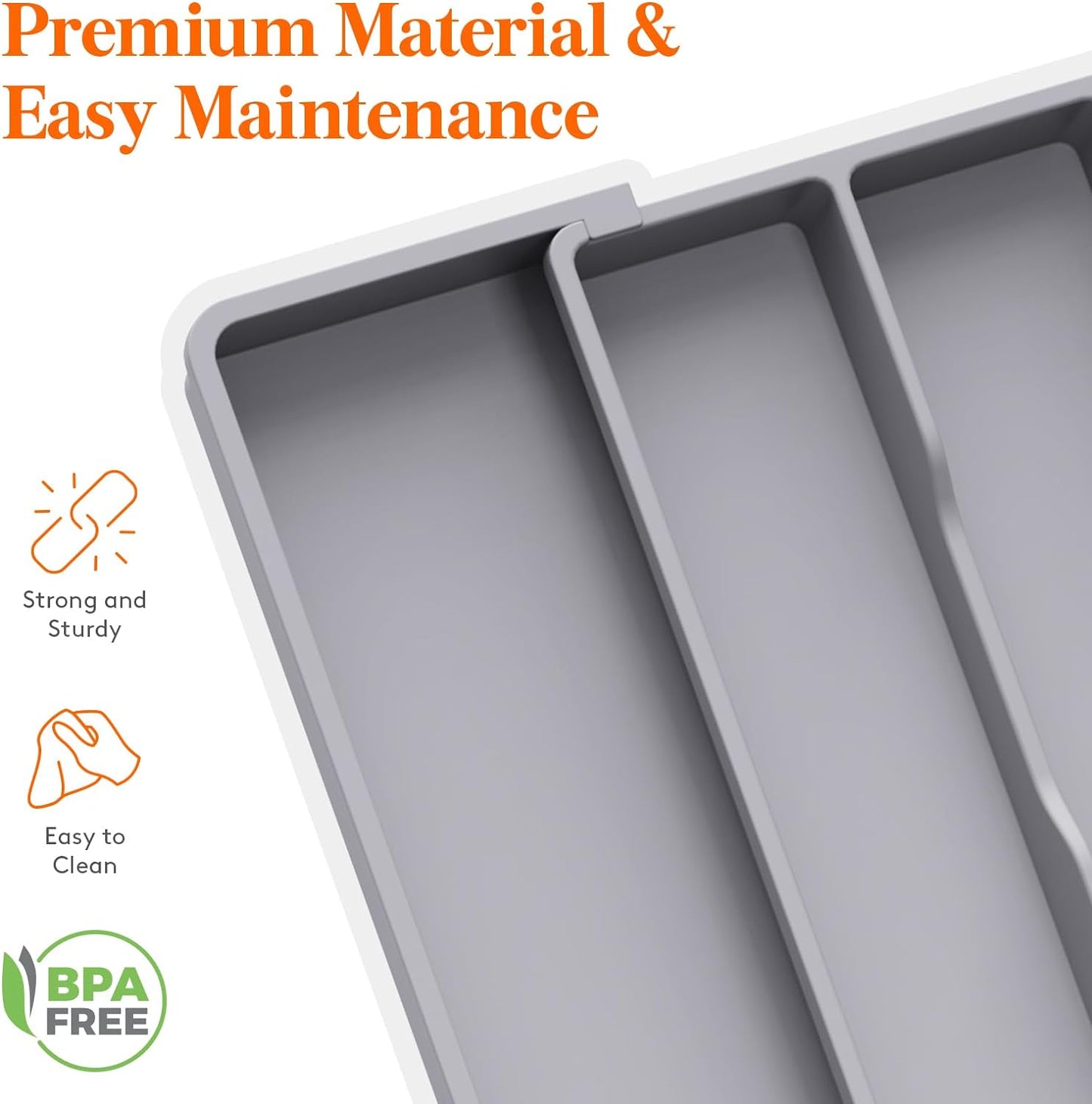 Expandable Kitchen Utensil Organizer Tray - Adjustable Cutlery and Silverware Holder, Large Gray Plastic Storage Divider