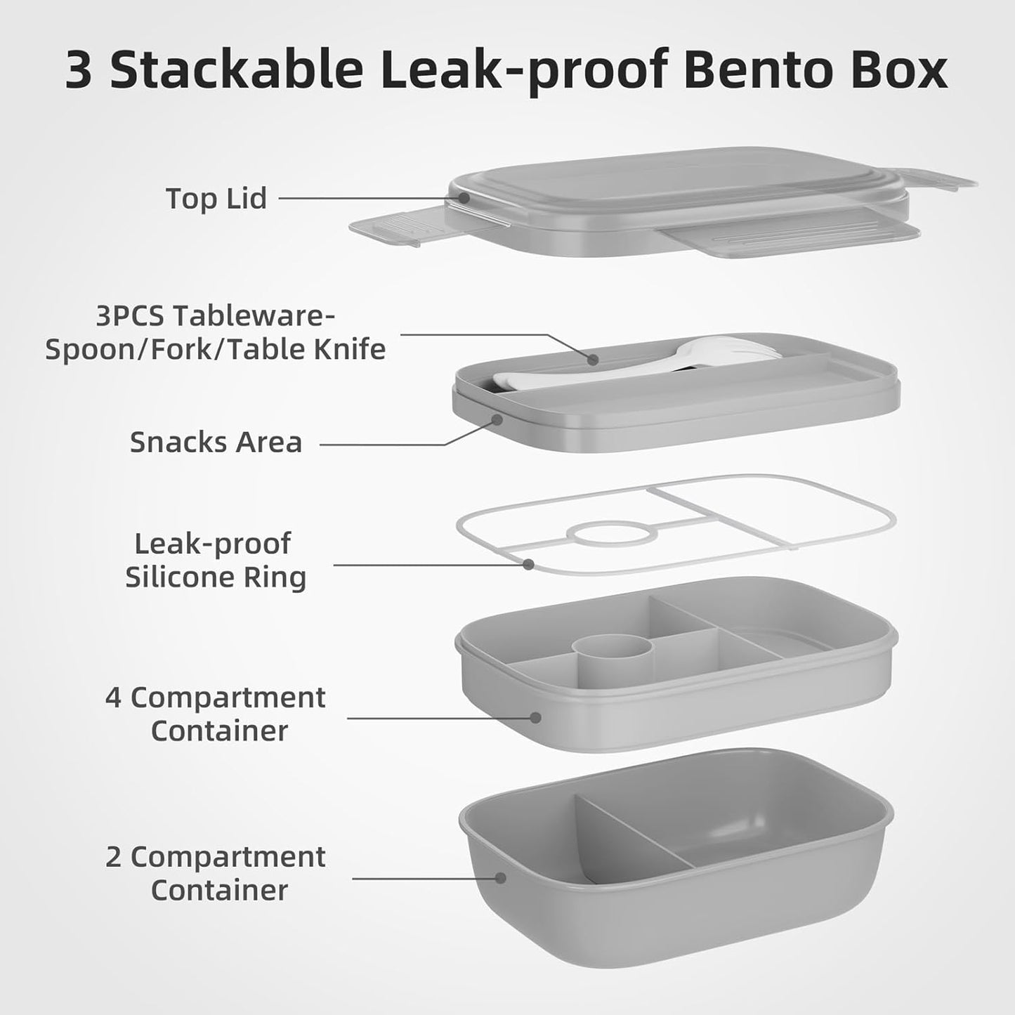 Stackable 3-Layer Bento Box Lunch Container for Adults and Kids, 1.9L Food Storage with Cutlery, 8.5" x 5.7" x 3.9" (Grey)