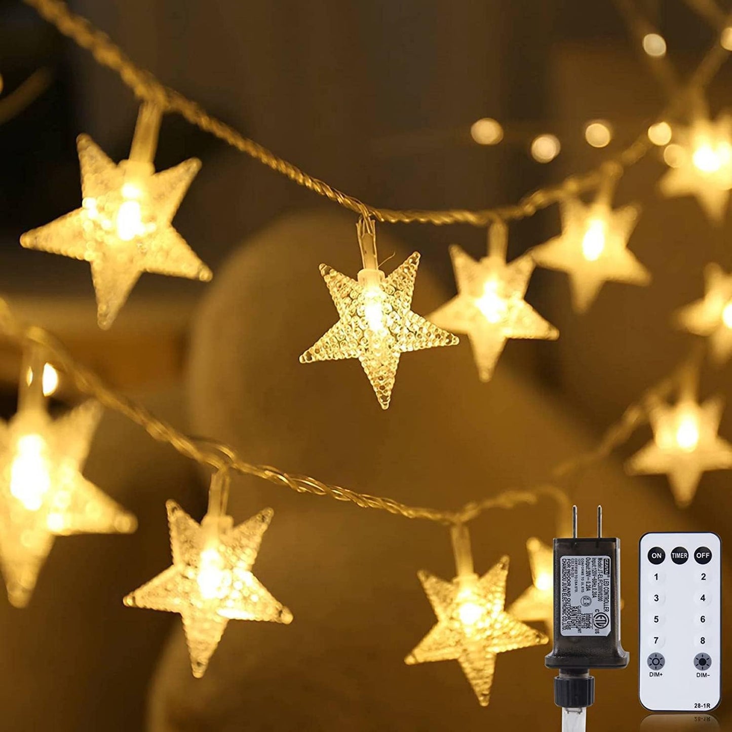 33 Ft 100 LED Warm White Star String Lights with Remote and Timer for Indoor and Outdoor Décor - Ideal for Bedrooms, Porches, Weddings, Parties, Patios, Gardens, and Tents