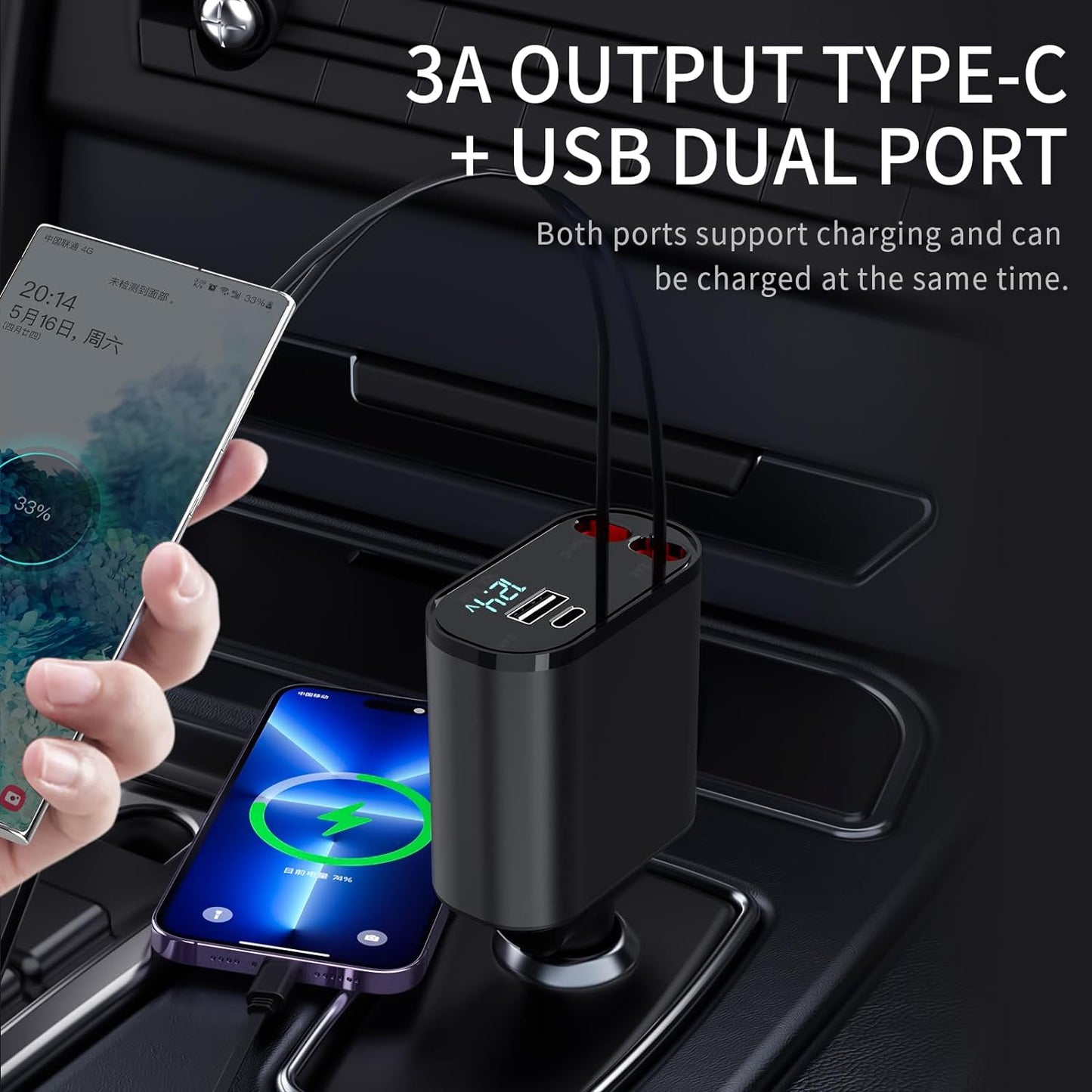 Retractable 4-in-1 Fast Charging Car Charger - 60W with Retractable Cable and Dual USB Ports
