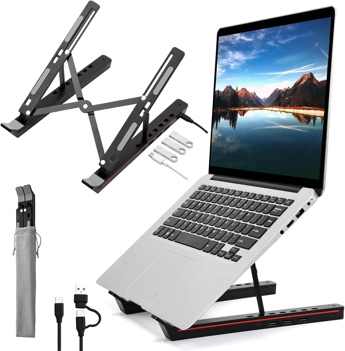 Laptop Stand with Usb、Type C and RGB Lights, Aluminum Adjustable Foldable Laptop Stand for Desk, Ergonomic Portable Laptop Riser Holder