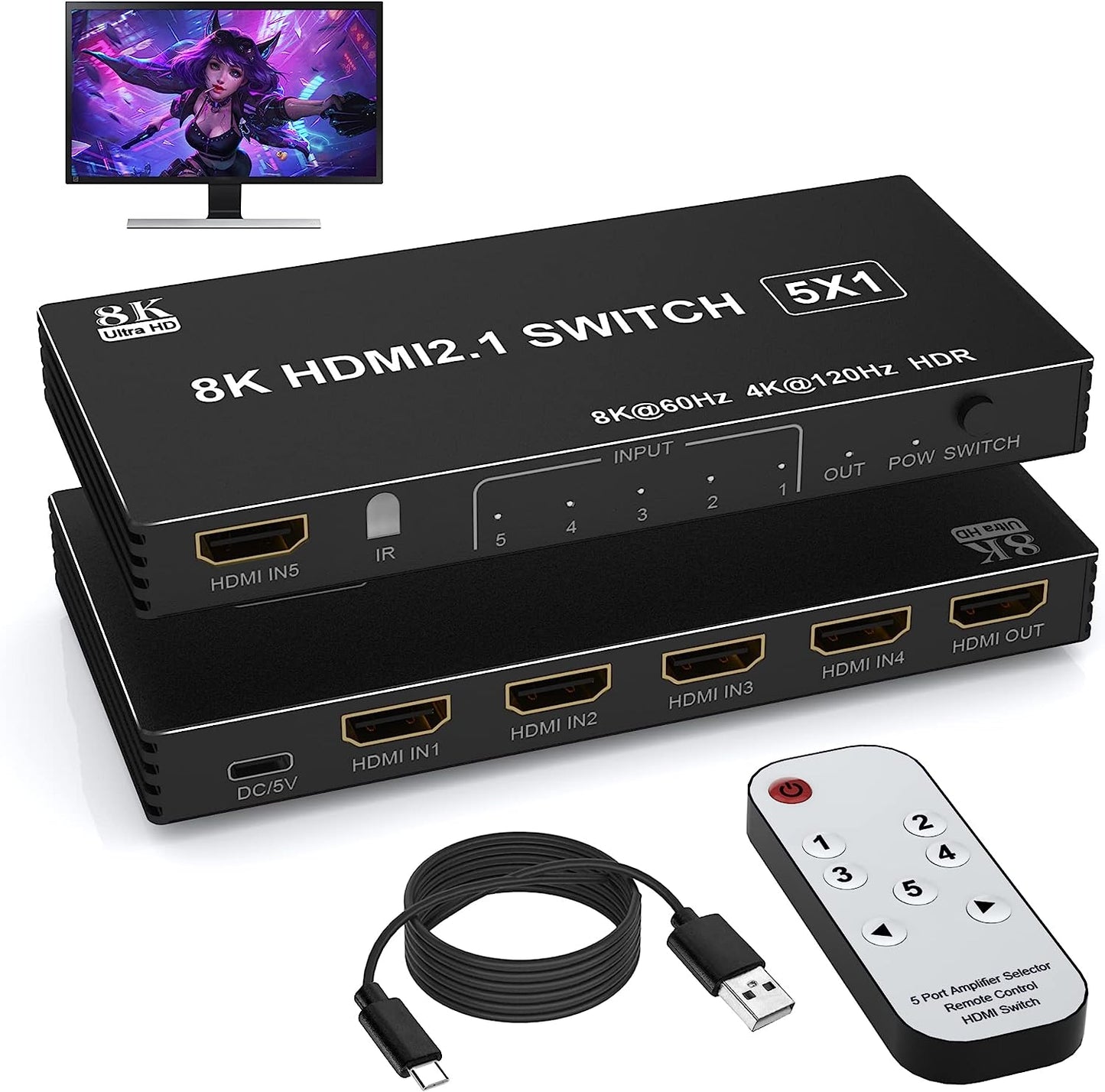 8K HDMI Switcher - 5-Port HDMI Splitter with IR Remote, Supports 8K@60Hz and 4K@120Hz for Xbox, PS4, PC, and TV
