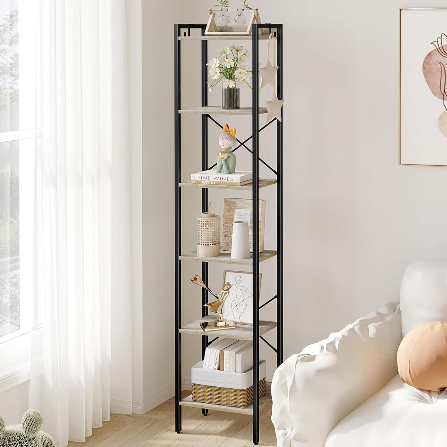 Industrial 5-Tier Bookshelf with Hooks - Greige Corner Storage Organizer for Home Office, Living Room, Bedroom, and Kitchen