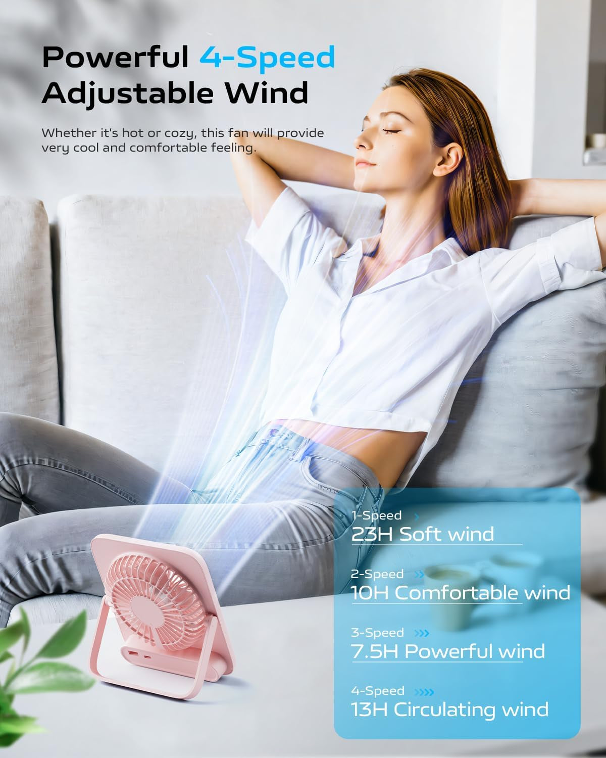Portable Rechargeable Desk Fan with 4000mAh USB Battery, Silent Foldable Design, 4 Speed Settings, and Power Bank Functionality