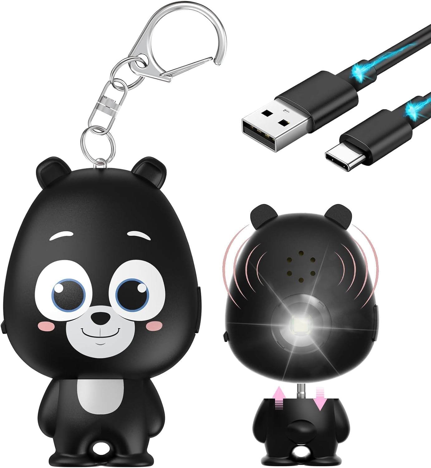 Personal Safety Alarm -Women, Children, Seniors - 130dB Siren Strobe Light, Rechargeable, Low Battery Alert - Keychain Design (Black)