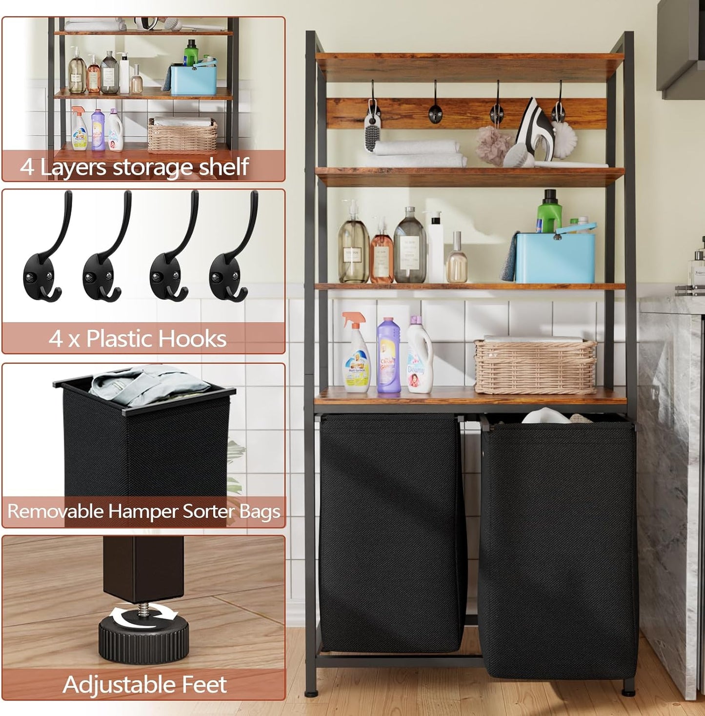 4 Tiers Laundry Hamper with Shelf and Hooks, Tall Laundry Basket Sorter with 2 Removable Laundry Bags, Ladder Shelves with Clothes Hamper for Laundry Room Bathroom Bedroom