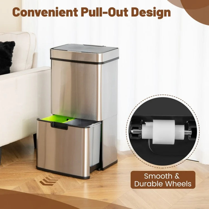 19-Gallon Stainless Steel Trash Can with Integrated Kitchen Waste Bin and Dual Bottom Recycling Compartments