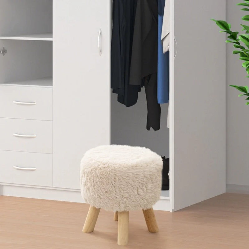 Round Faux Fur Ottoman Footstool with Padded Seat and Rubberwood Legs