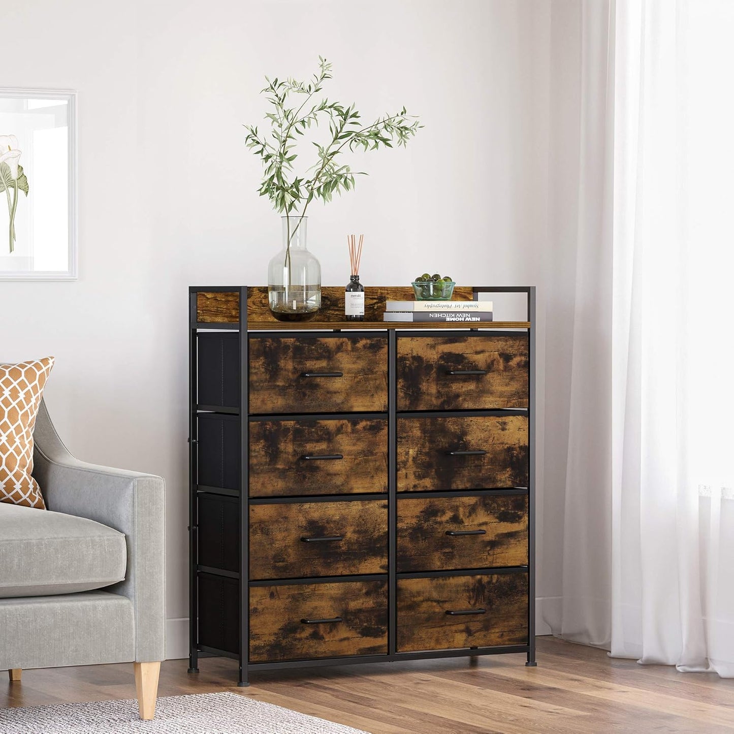 Drawer Dresser, Closet Storage Dresser, Chest of Drawers, 8 Fabric Drawers and Metal Frame with Handles, Rustic Brown and Black