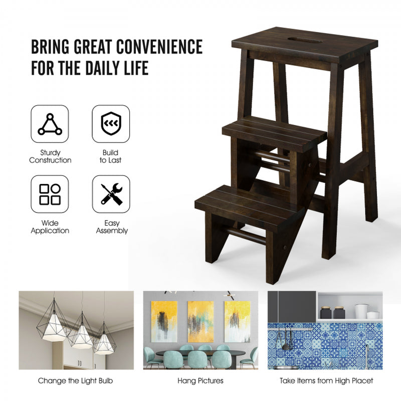 Multi-Functional Rubber Wood Step Stool with Ergonomic Handle