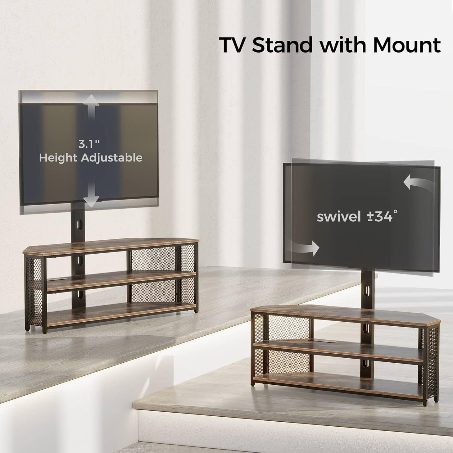 Rustic Brown TV Stand - Adjustable Mount and Power Outlet for 45-70 Inch TVs, Swivel Function and LED Lighting