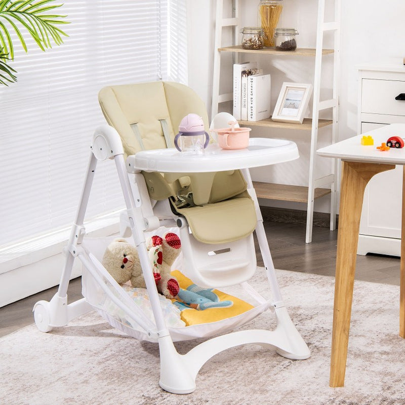 Folding Baby Chair with Wheel Tray and Storage Basket