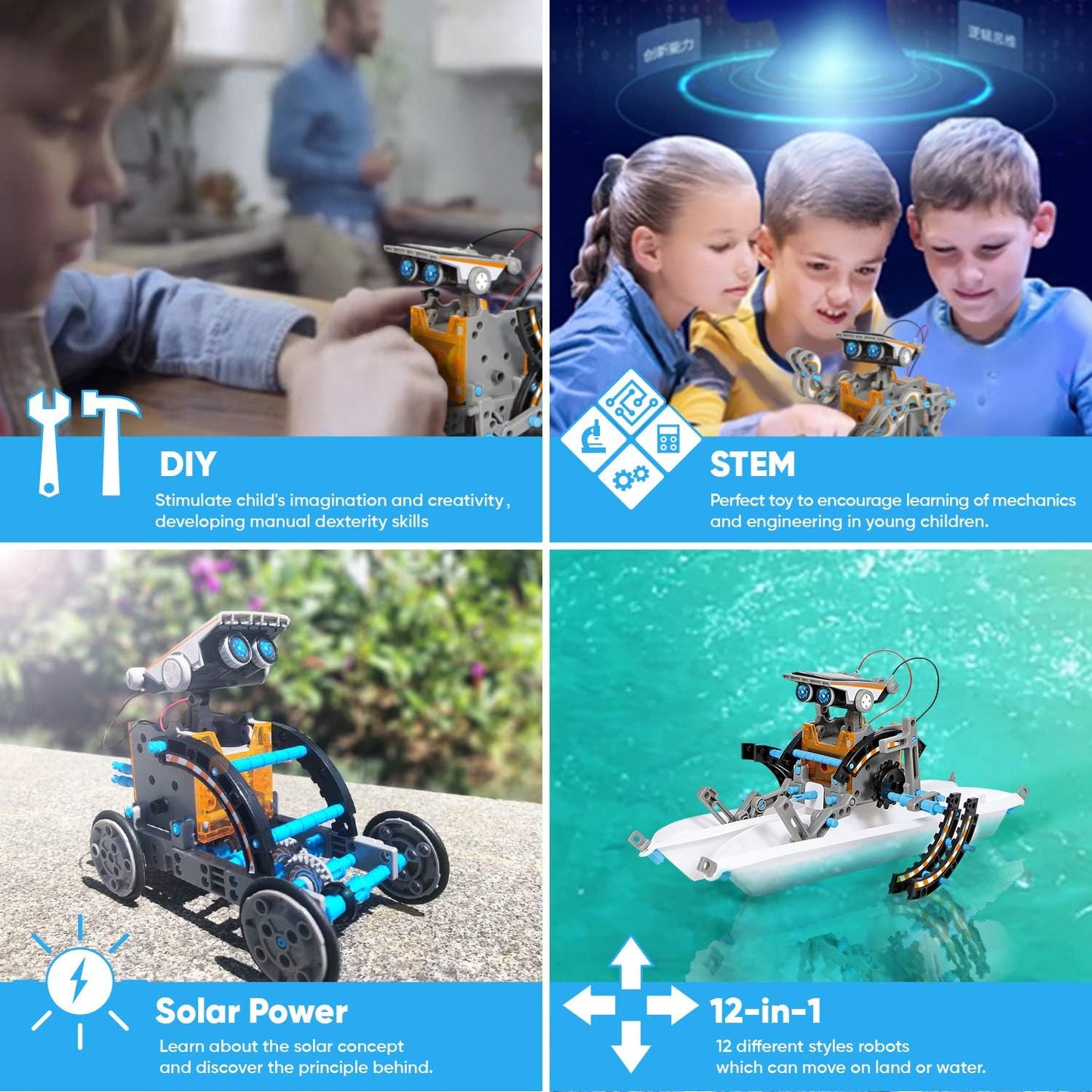 12-in-1 Solar Robot Educational Building Kit -190-Piece DIY Science Set for Ages 8 and Up, Powered by Solar Energy