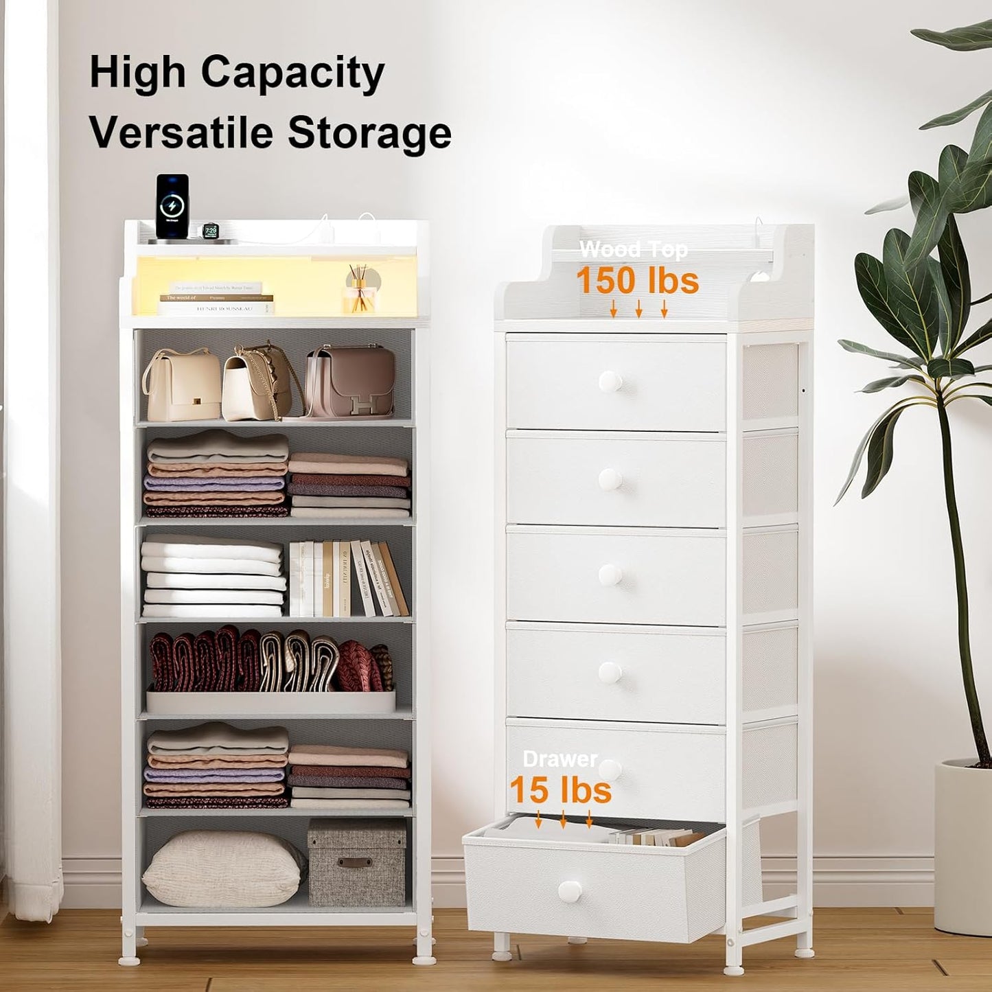 Elegant White Bedroom Dresser - Integrated Charging Station, LED Lighting, Durable Steel Frame, Wood Top - Leather White Finish