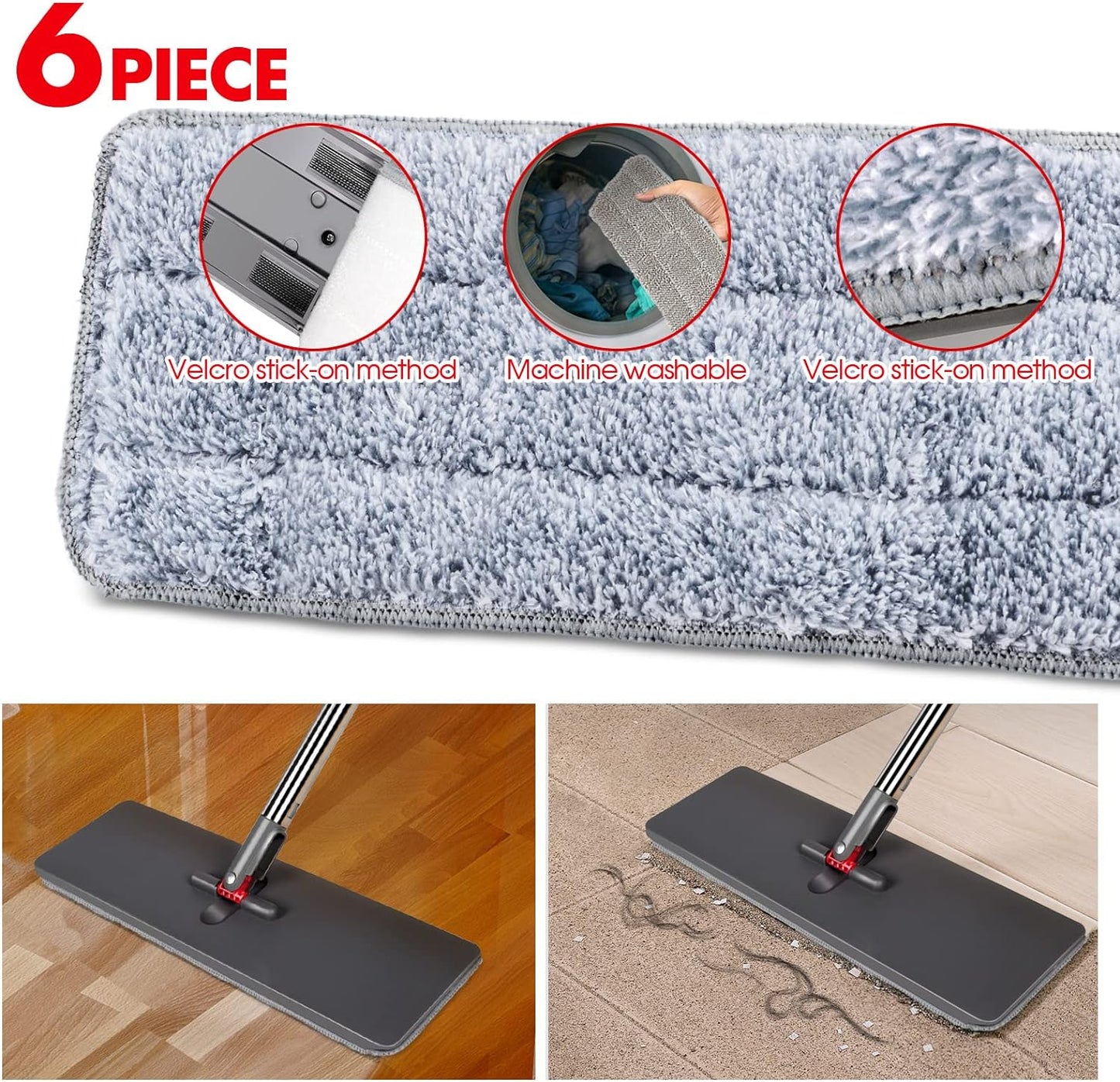 Self-Wringing Microfiber Flat Mop with 6 Washable Pads - Hands-Free Cleaning Solution for Hardwood, Laminate, and Tile Floors - Grey