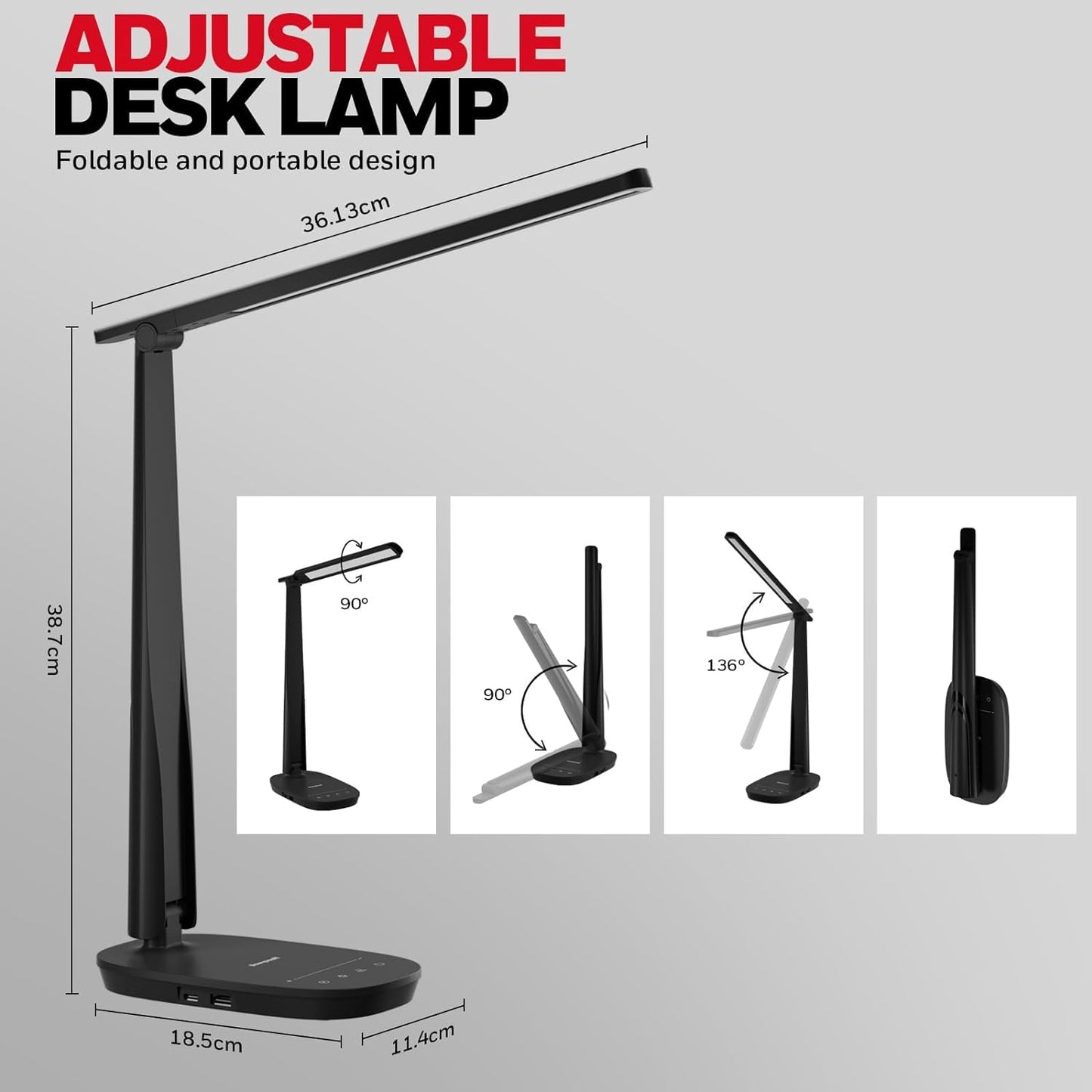 LED Desk Lamp - Eye-Caring, Foldable Design with USB Charging, 4 Color Modes, Stepless Dimming, Auto Timer, Touch Control