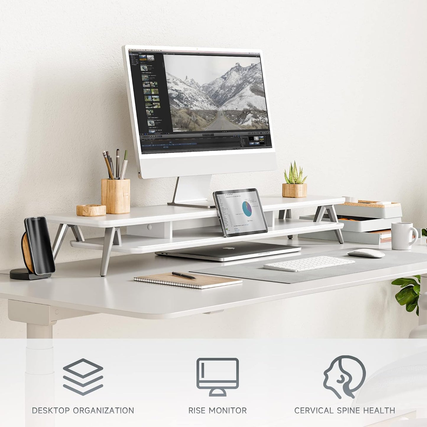 Dual Monitor Stand with Storage Organizer and Cable Management, 42.5-Inch Wooden Desk Shelf for Office Use (White)