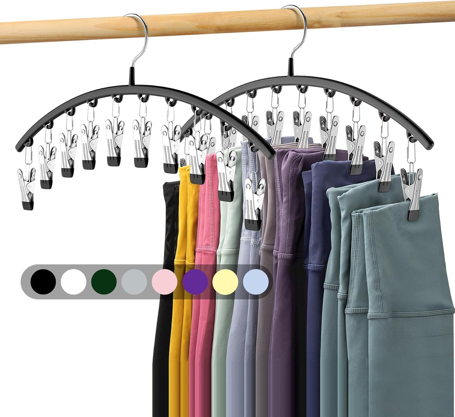 Legging Organizer - Closet Metal Pants Hangers (2 Pack) -10 Clips, Space-Saving Hanging Storage Solution - Rubber Coated Organizers, Black