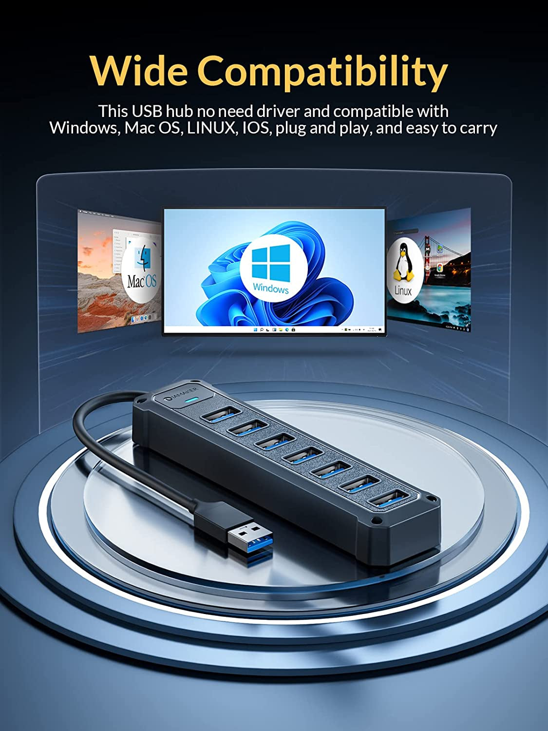 7-Port USB 3.0 Hub - High-Speed 5Gbps Data Adapter for Laptops, PCs, Printers, and More