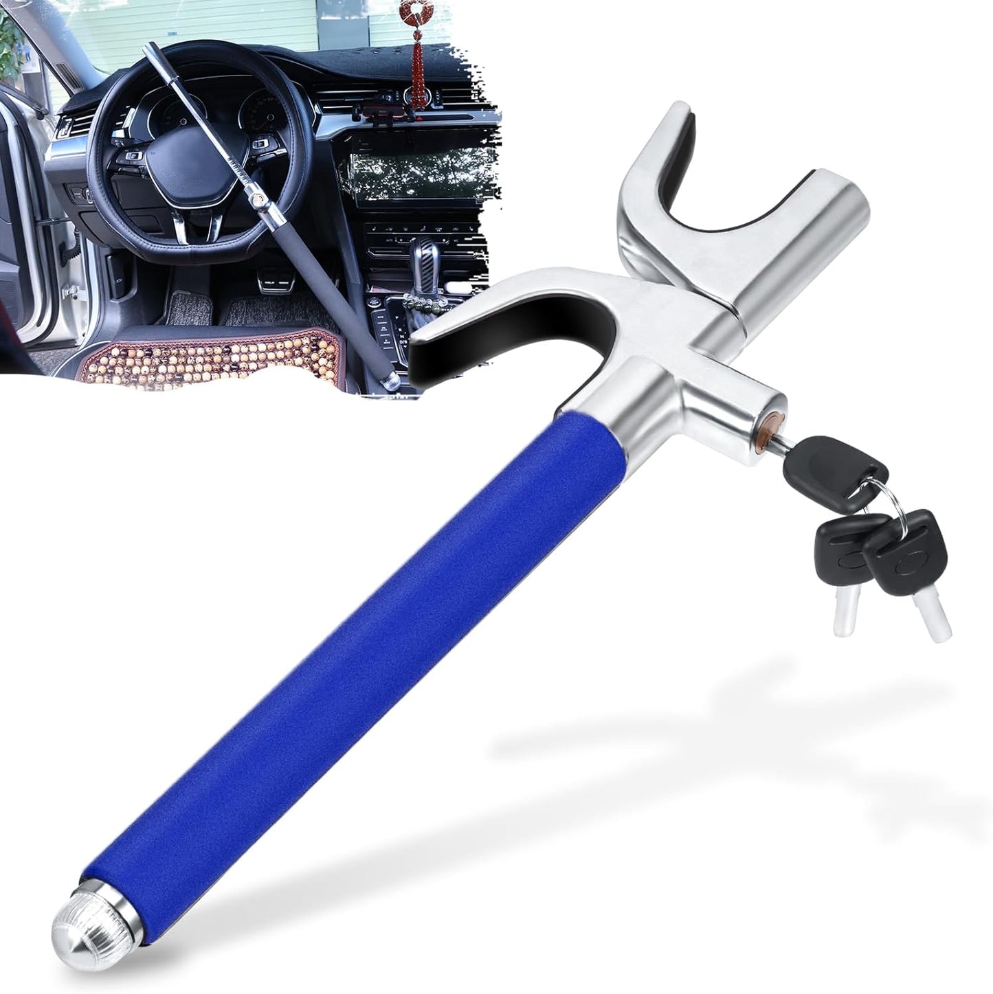 Adjustable Steering Wheel Lock with Anti-Theft Features and 3 Keys - Cars, Vans, and SUVs (Black)