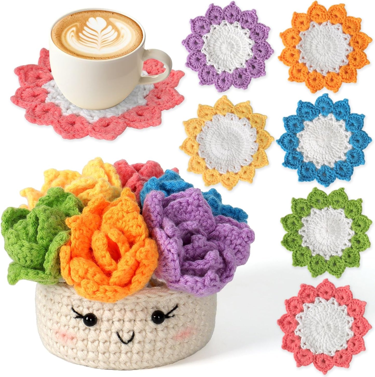 Beginner's Crochet Kit: 6-Piece Flower Potted Plant Coaster Set with Crochet Hook, Colorful Yarn, Stitch Marker, and Instruction Manual for Craft Enthusiasts