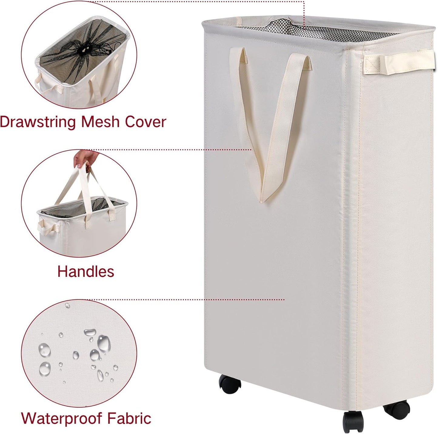 Slim Rolling Laundry Basket - Wheels, 12.7 Gallon (48L) Capacity, Beige