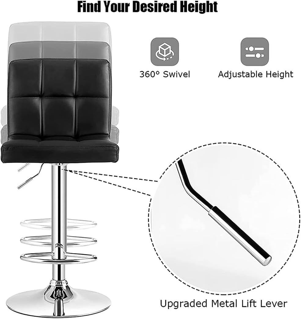 Set of 2 Adjustable Height Swivel Bar Stools in Black Bonded Leather with Backrest and Stability Features