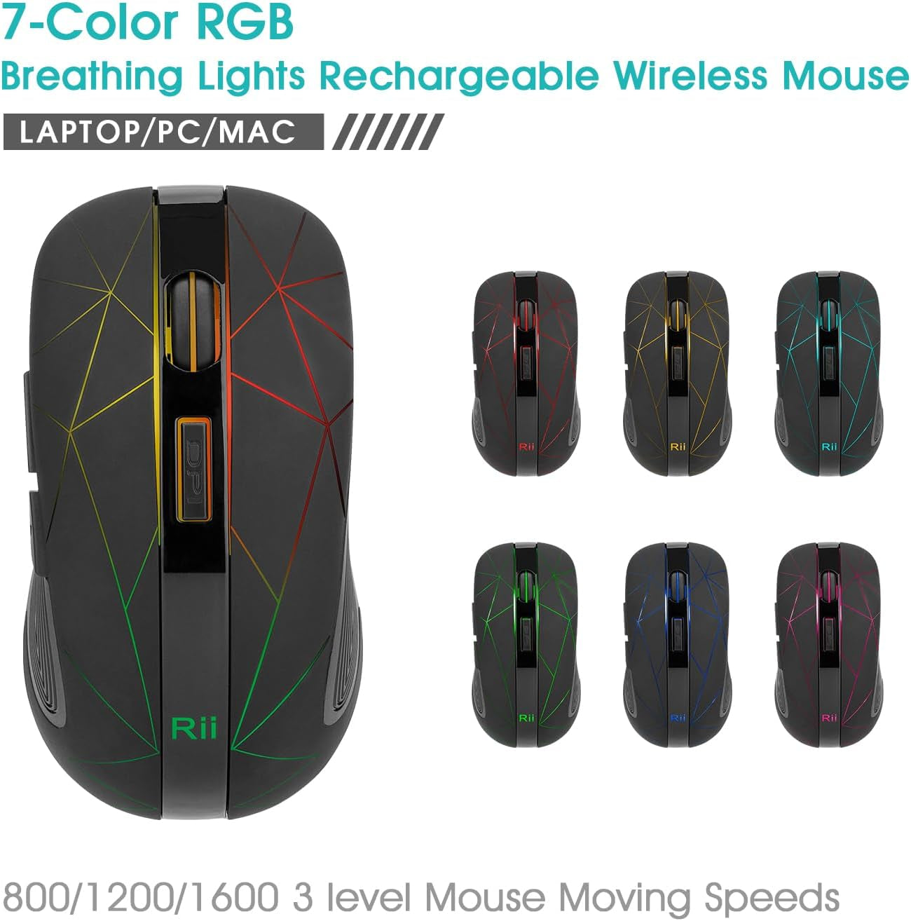Wireless Mouse, RGB Rechargeable - 3 Adjustable Moving Speeds, Usb Cordless 6 Buttons Mouse with USB Nano Receiver
