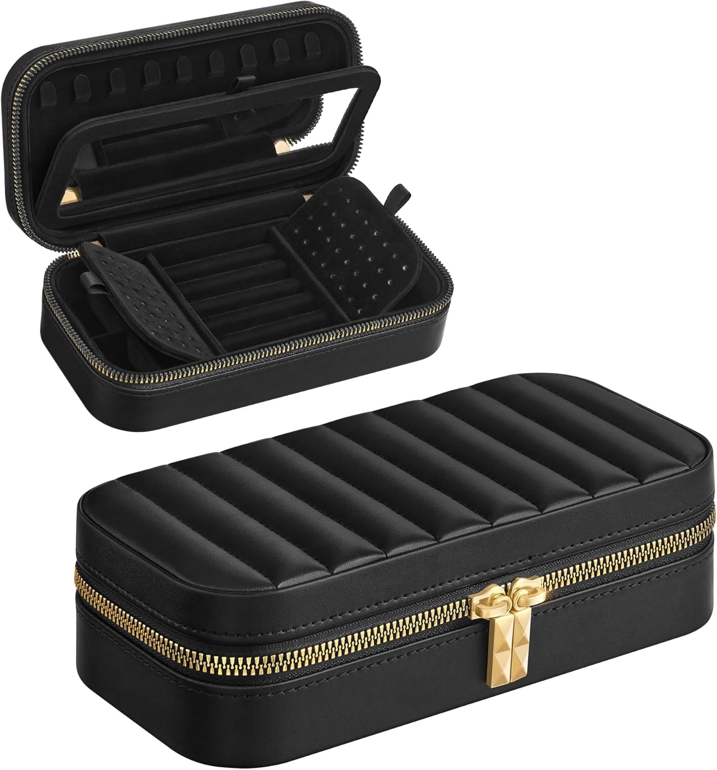 Travel Jewelry Box - Compact Jewelry Organizer with Mirror, PU Leather with Stitching, Portable Design, Zipper Closure